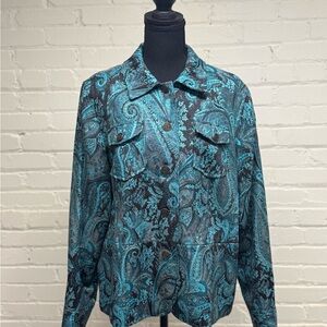 Laura Ashley Metallic Teal Paisley Button-Up Jacket, Size L
